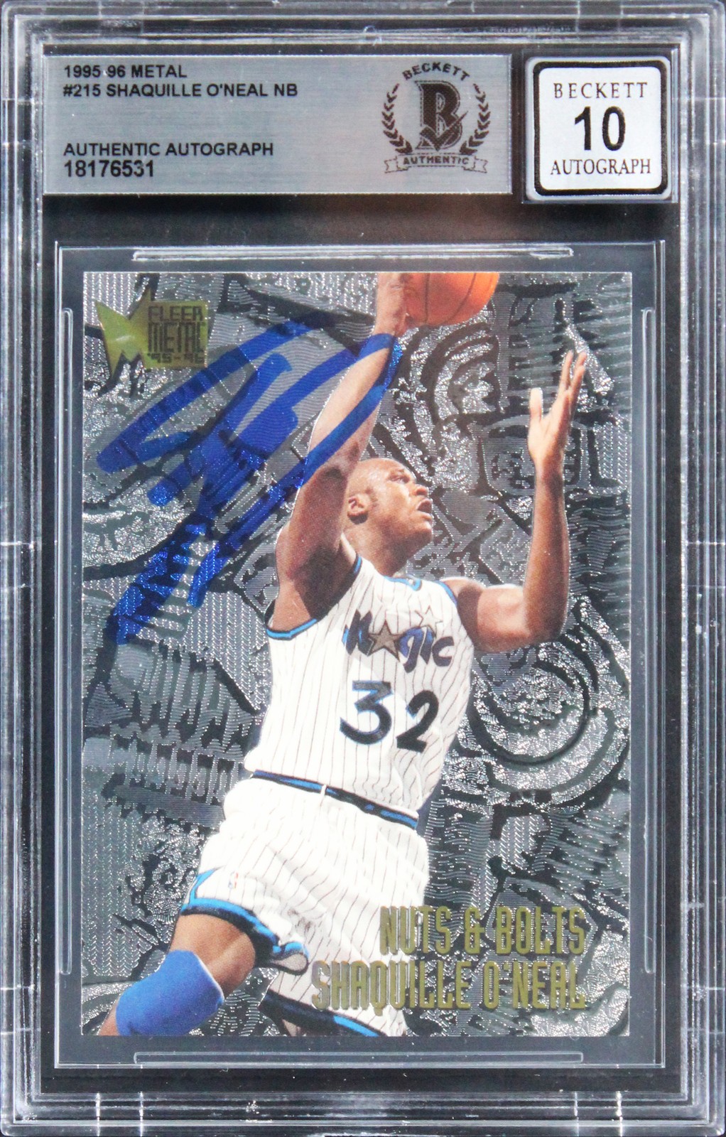 Magic Shaquille O'Neal Signed 1995 Metal #215 Card Auto Graded 10! BAS Slabbed
