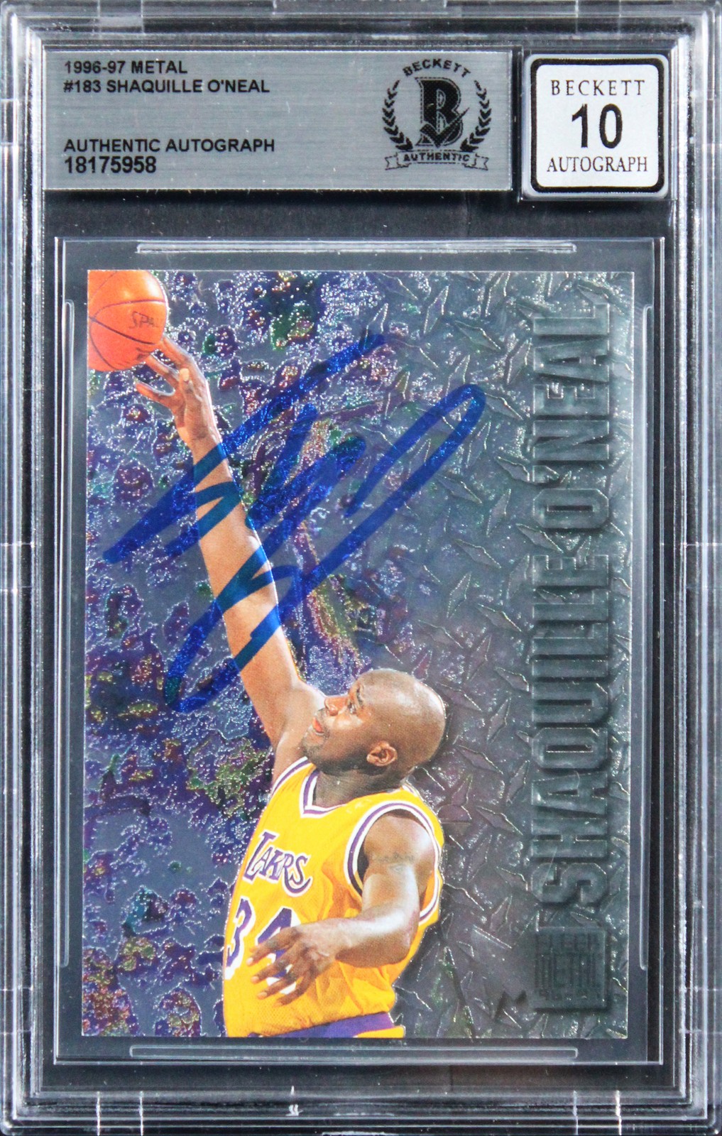Lakers Shaquille O'Neal Signed 1996 Metal #183 Card Auto Graded 10! BAS Slabbed