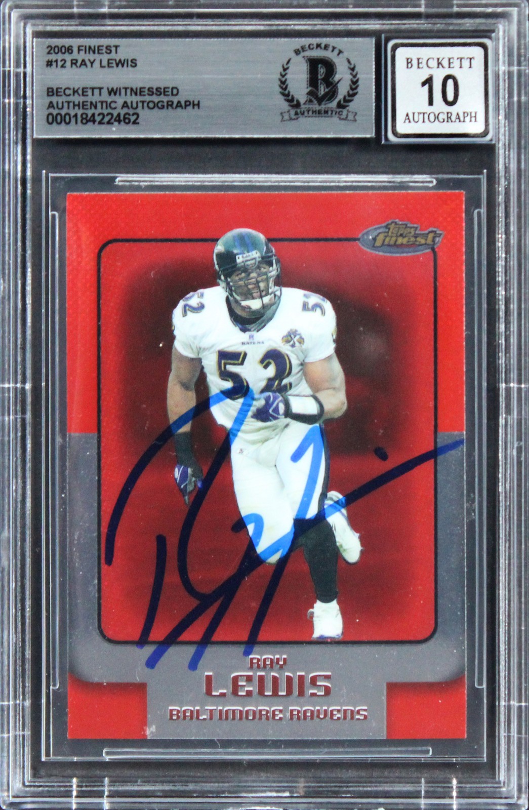 Ravens Ray Lewis Signed 2006 Finest #12 Card Auto Grade Gem Mint 10! BAS Slabbed