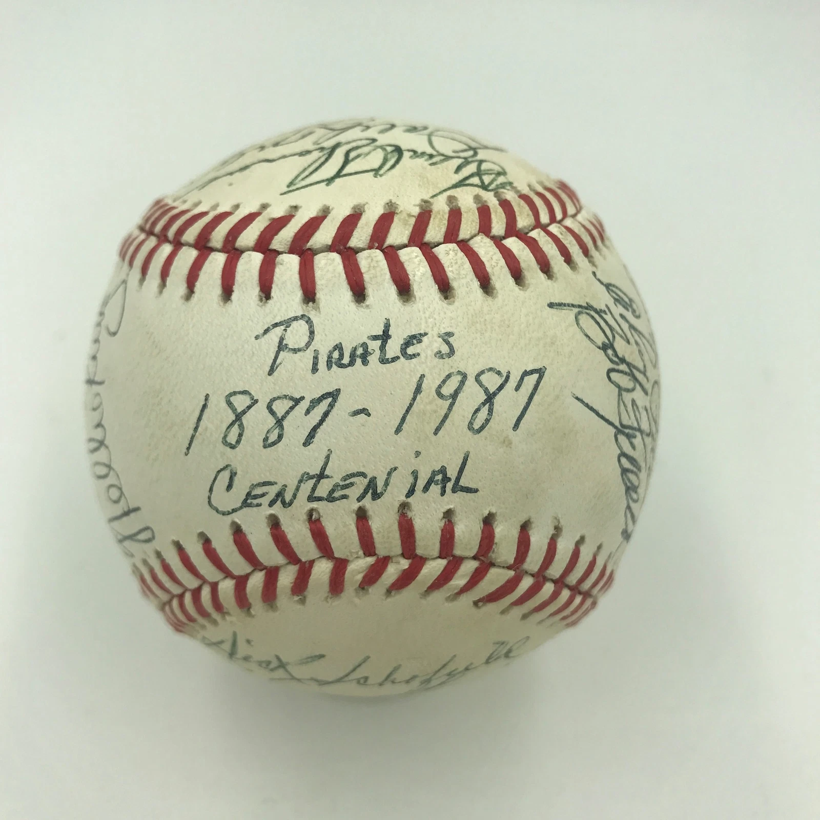 1887-1987 PITTSBURGH PIRATES CENTENNIAL GAME USED SIGNED BASEBALL 17 SIGNATURES COLLECTIBLE MEMORABILIA
