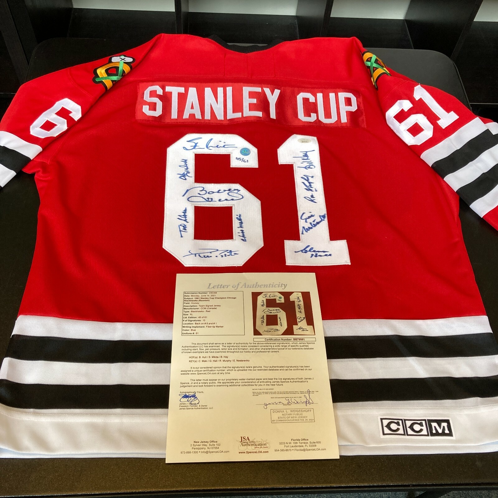 1961 CHICAGO BLACKHAWKS STANLEY CUPS CHAMPIONS TEAM SIGNED JERSEY JSA COA COLLECTIBLE MEMORABILIA