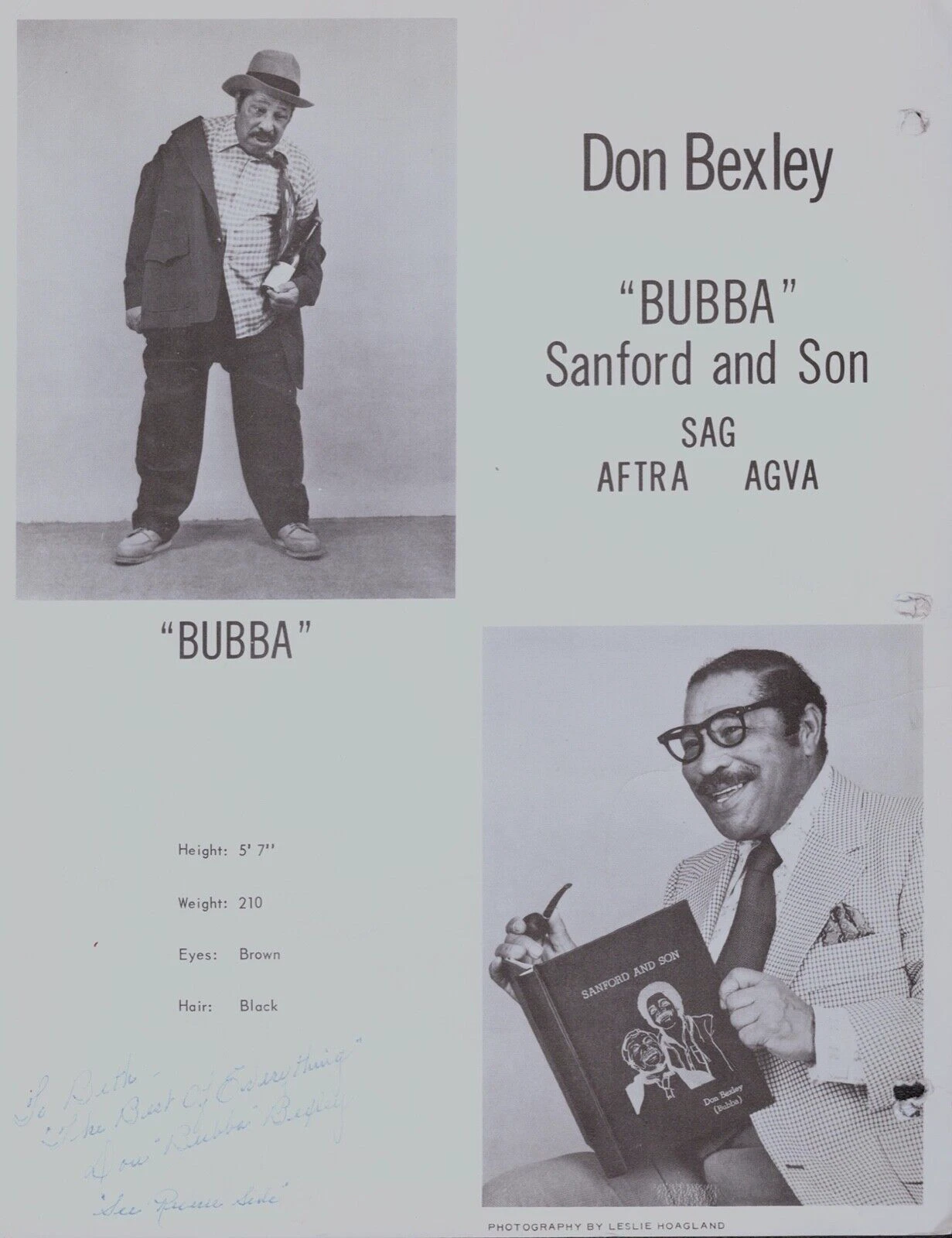 DON BEXLEY Signed Autograph 8.5x11 Comp Card RARE JSA COA SANFORD AND SON