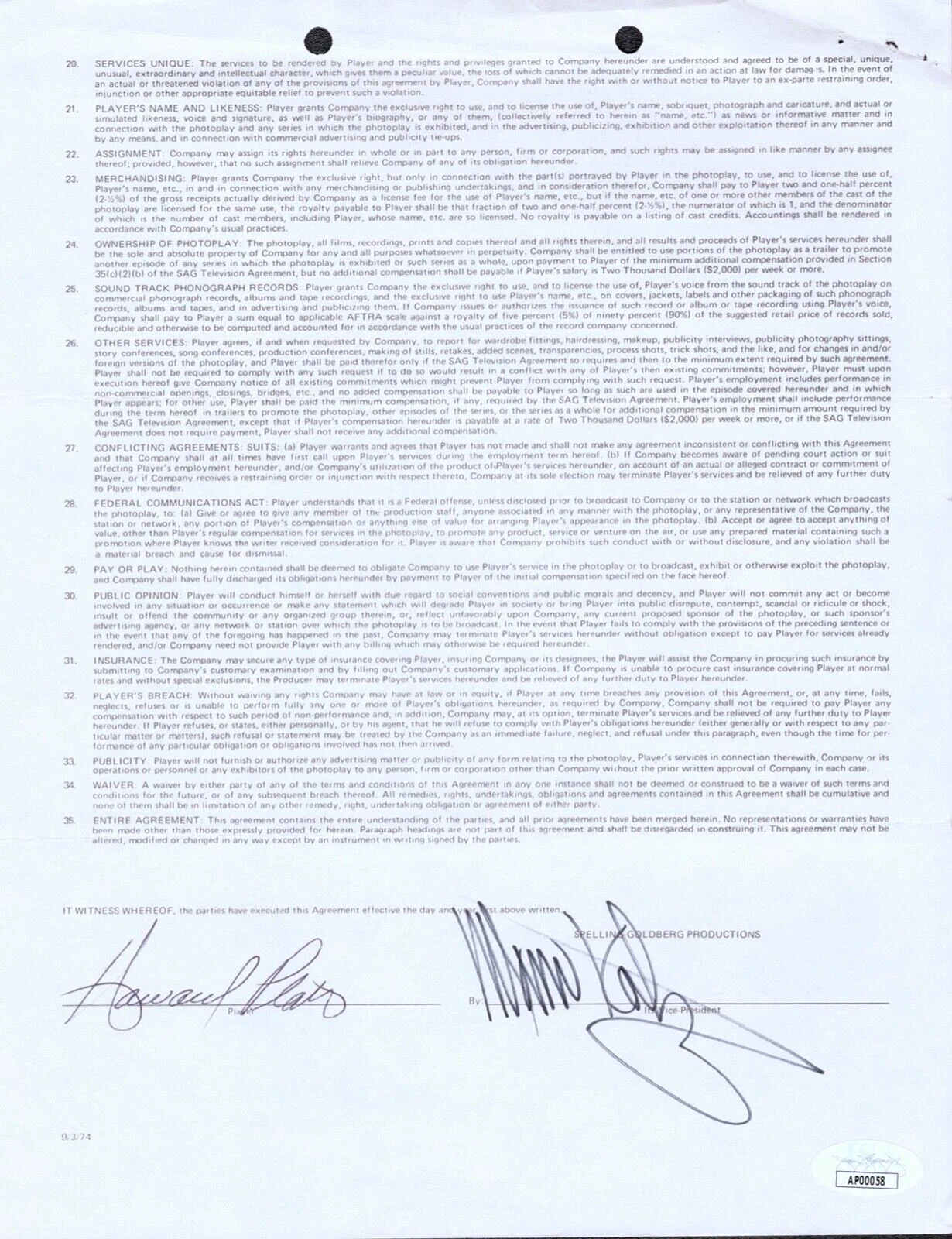 HOWARD PLATT Signed Autograph Contract JSA COA SANFORD AND SON