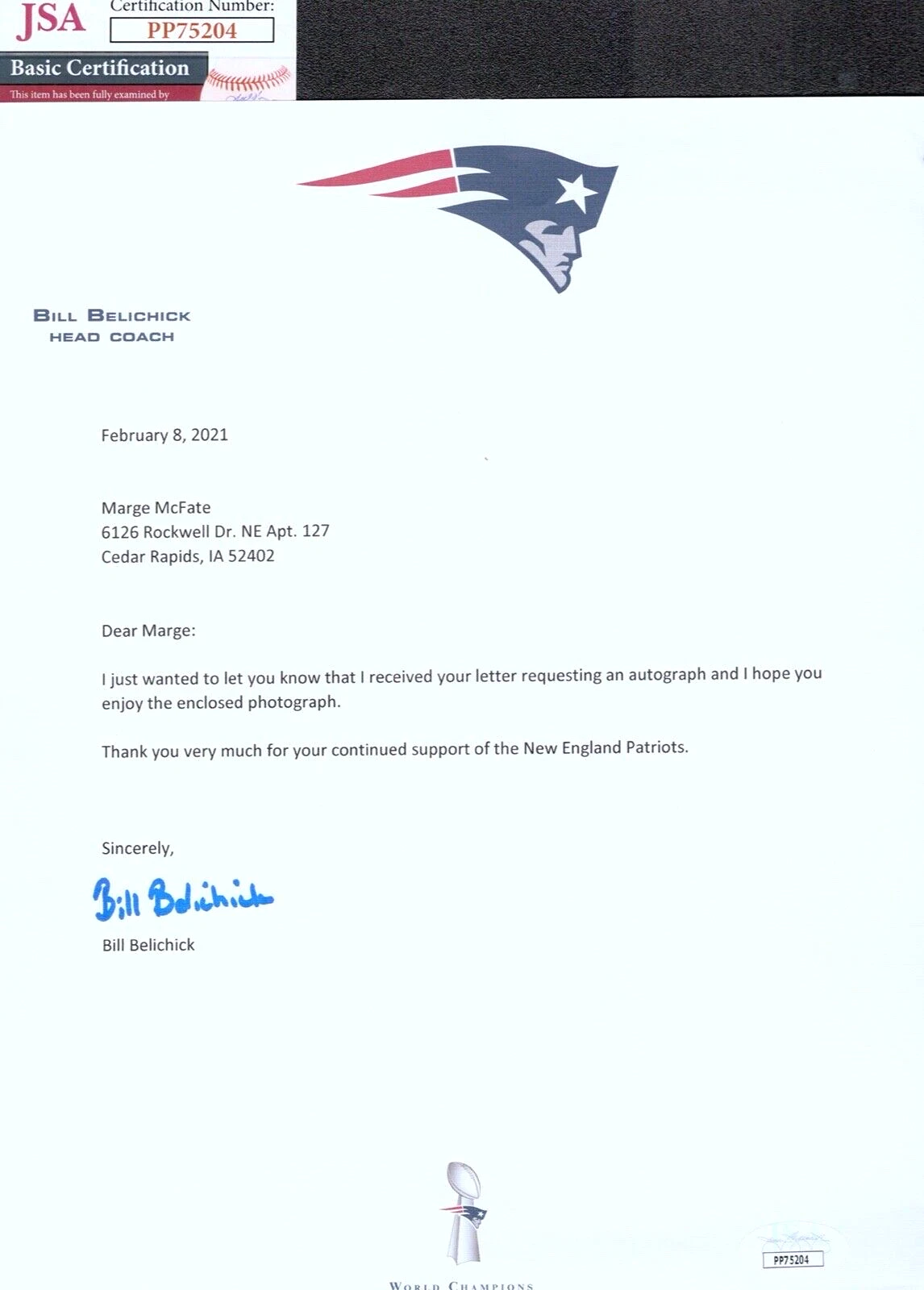 BILL BELICHICK Signed Autograph Letter NFL NEW ENGLAND PATRIOTS JSA COA