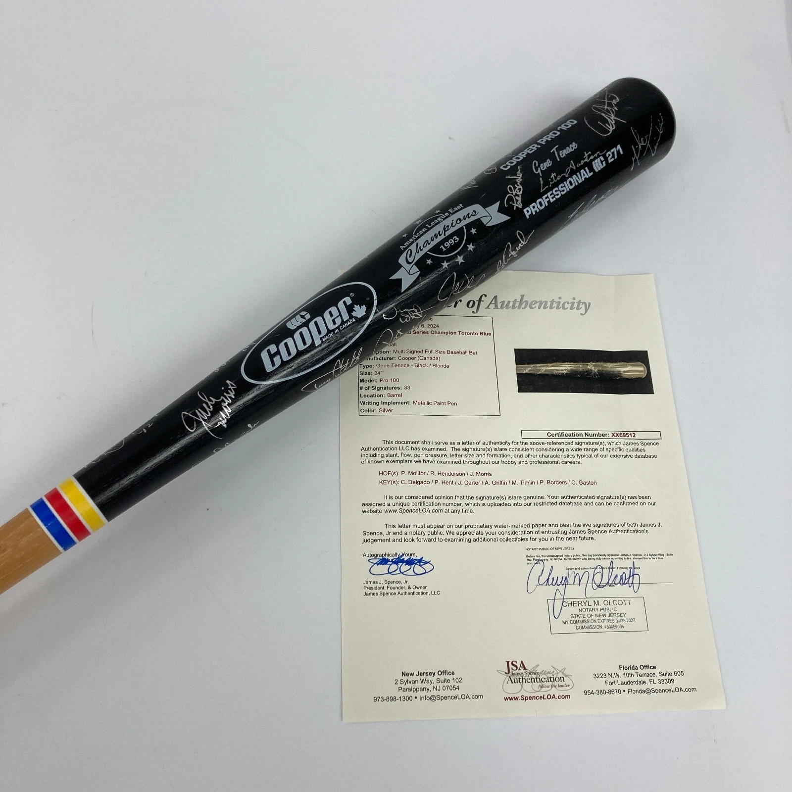 1993 Toronto Blue Jays World Series Champs Team Signed Baseball Bat JSA COA