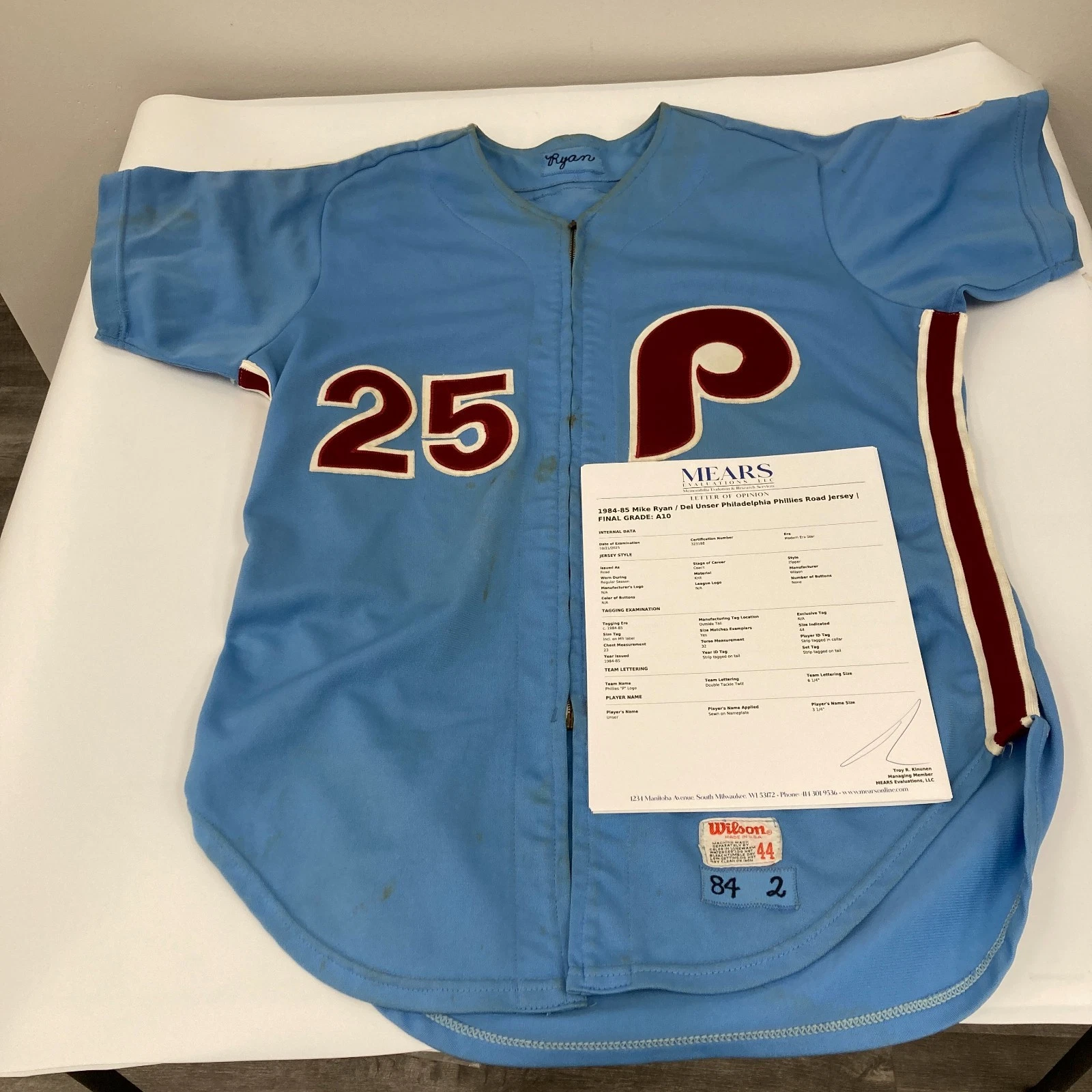 Del Unser Mike Ryan 1984-1985 Game Used Philadelphia Phillies Jersey MEARS A10