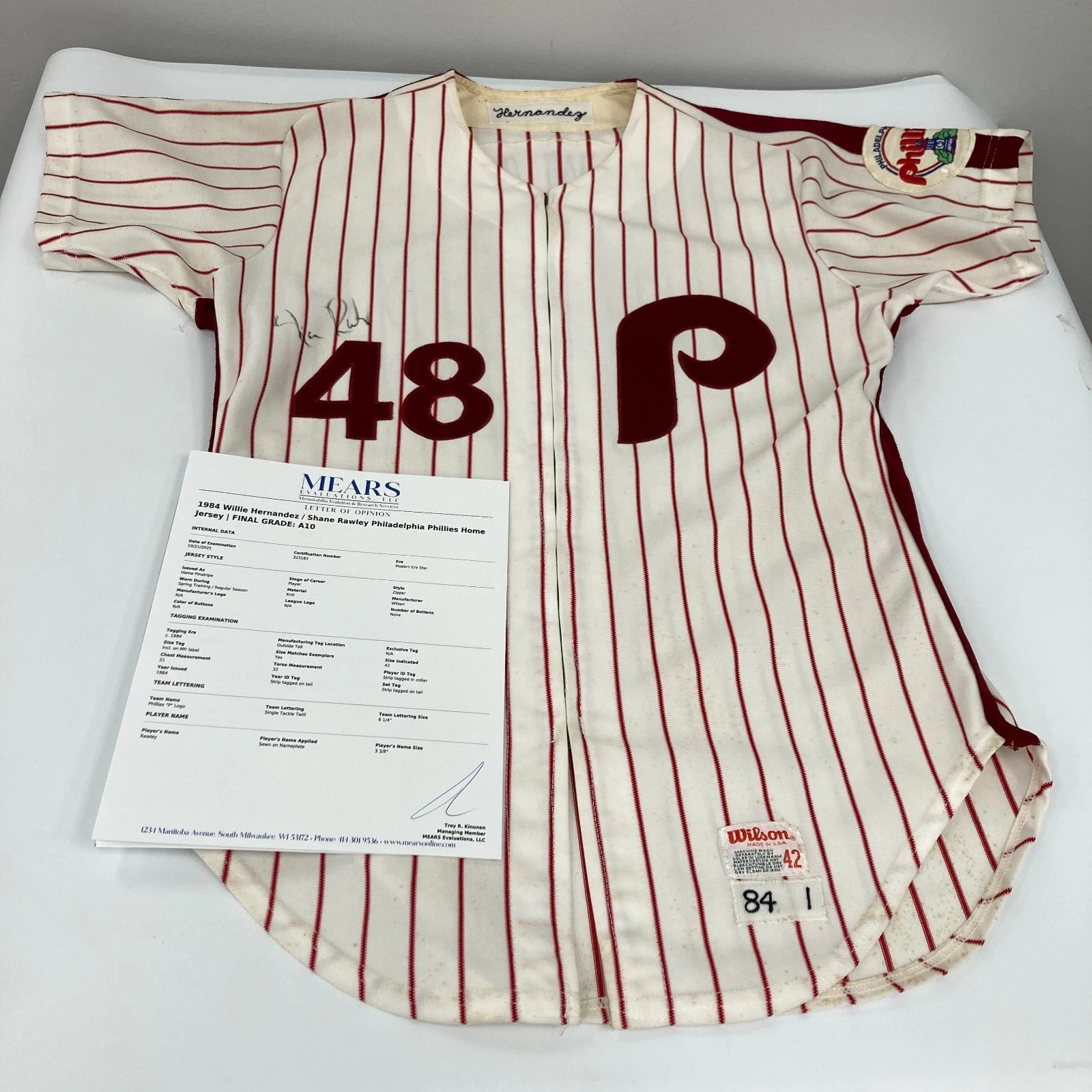 Willie Hernandez Shane Rawley Game Used Philadelphia Phillies Jersey MEARS A10