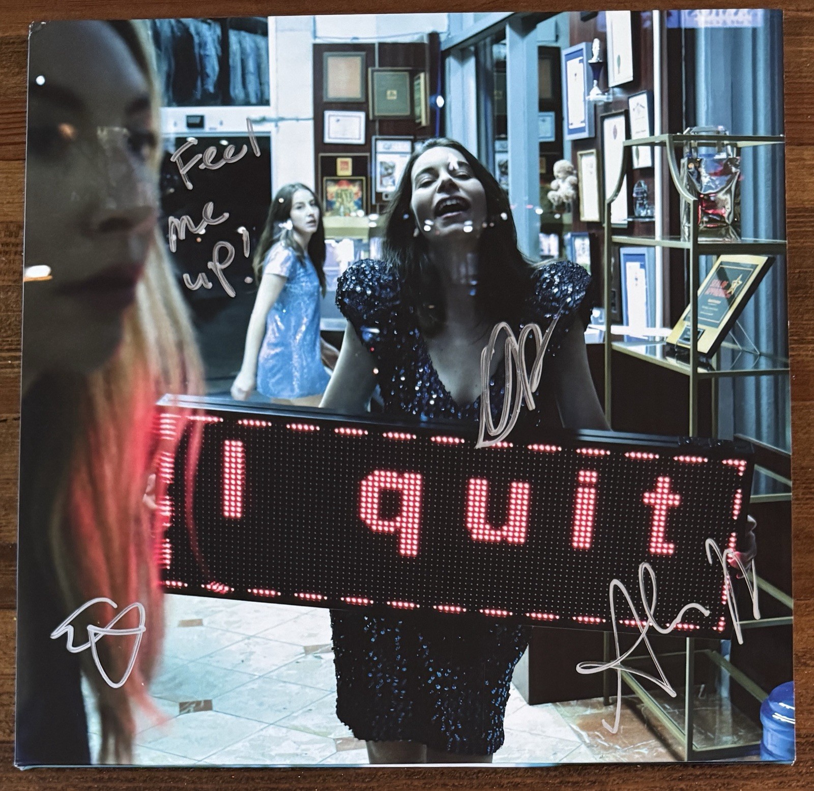 HAIM BAND SIGNED + Feel Me Up LYRICS I QUIT BLUE VINYL 2LP COVER BECKETT BAS COA