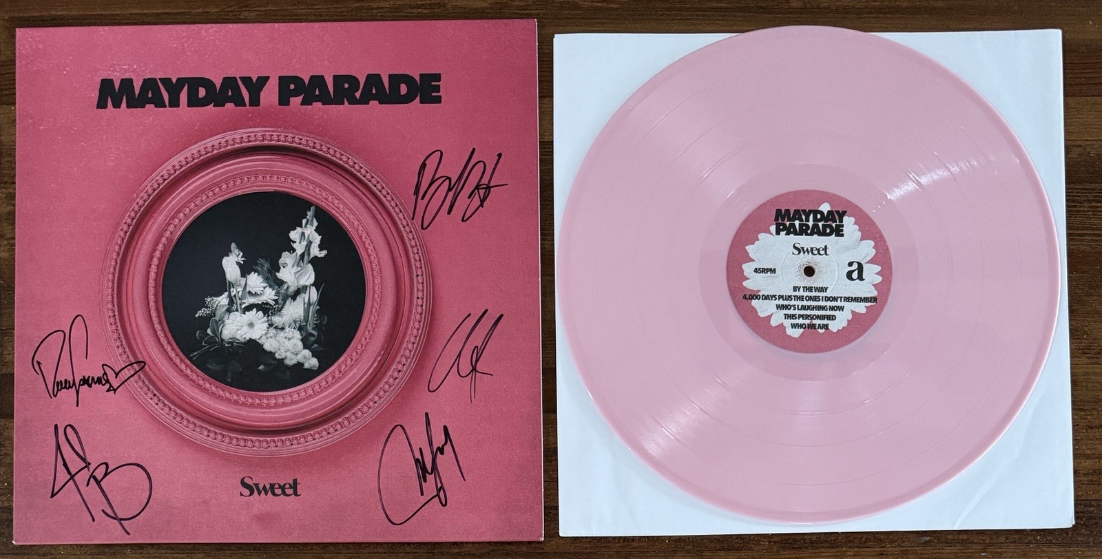 BAND SIGNED MAYDAY PARADE SWEET PINK VINYL LP COVER BECKETT BAS COA AUTOGRAPHED