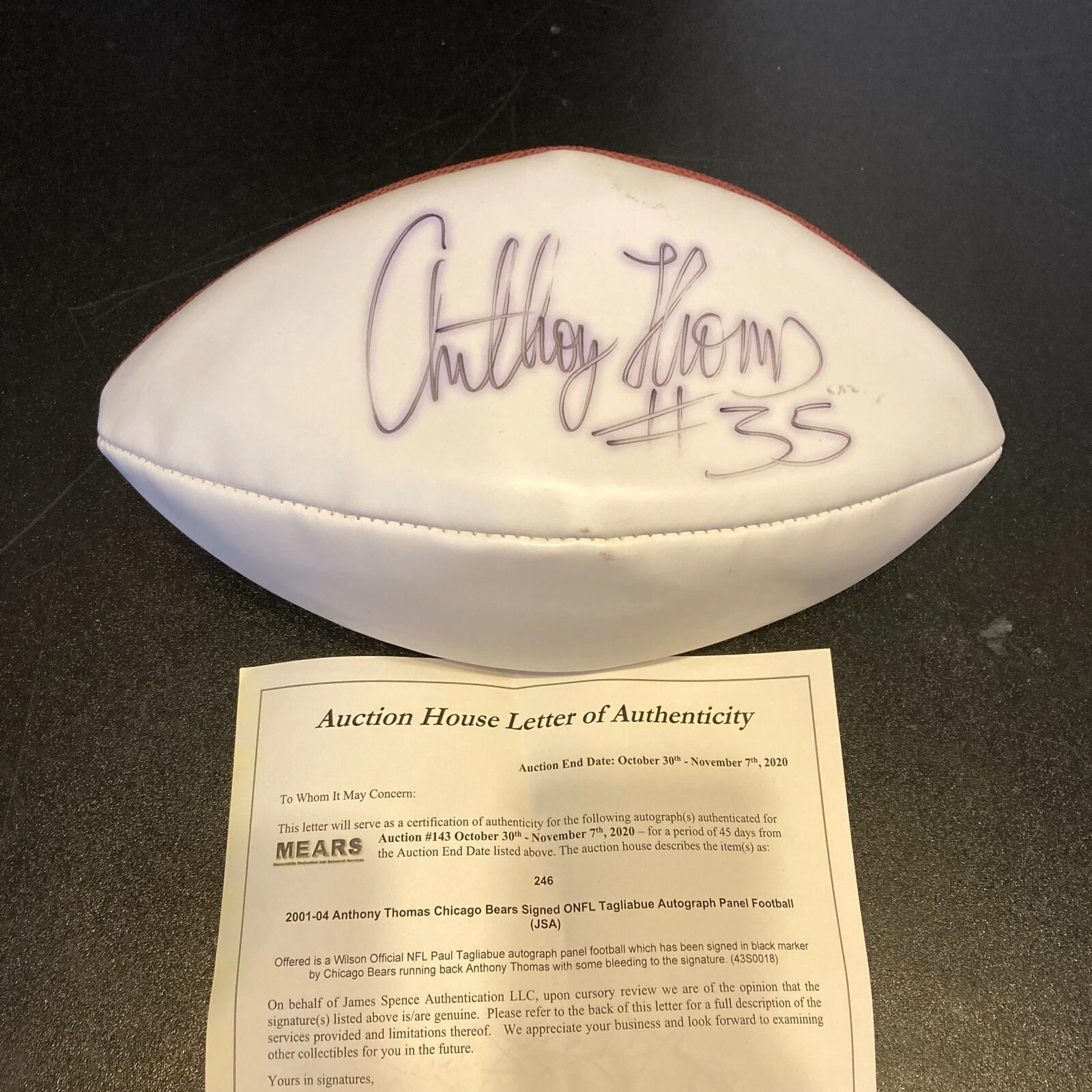 Anthony Thomas Signed Autographed Wilson NFL Football JSA COA