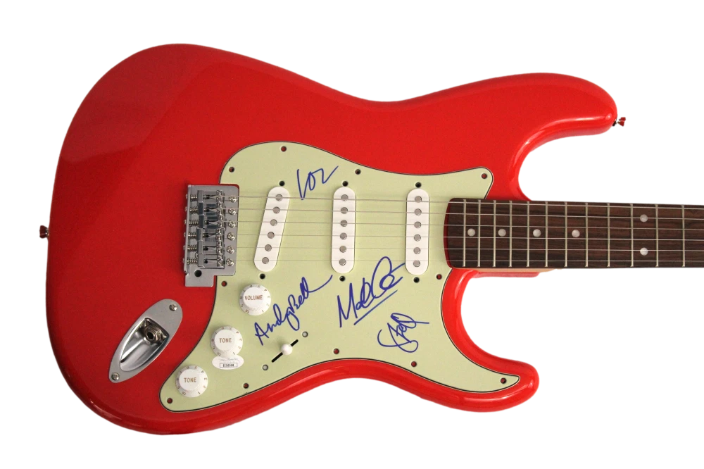 RIDE BAND (x4) SIGNED AUTOGRAPH RED FENDER ELECTRIC GUITAR LOZ COLBERT +3 W/ JSA