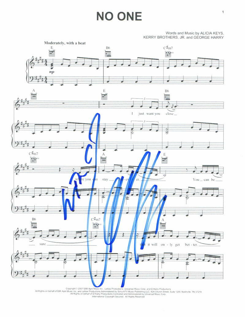 ALICIA KEYS SIGNED AUTOGRAPH NO ONE SHEET MUSIC - SEXY SINGER, SONGS IN A MIRROR