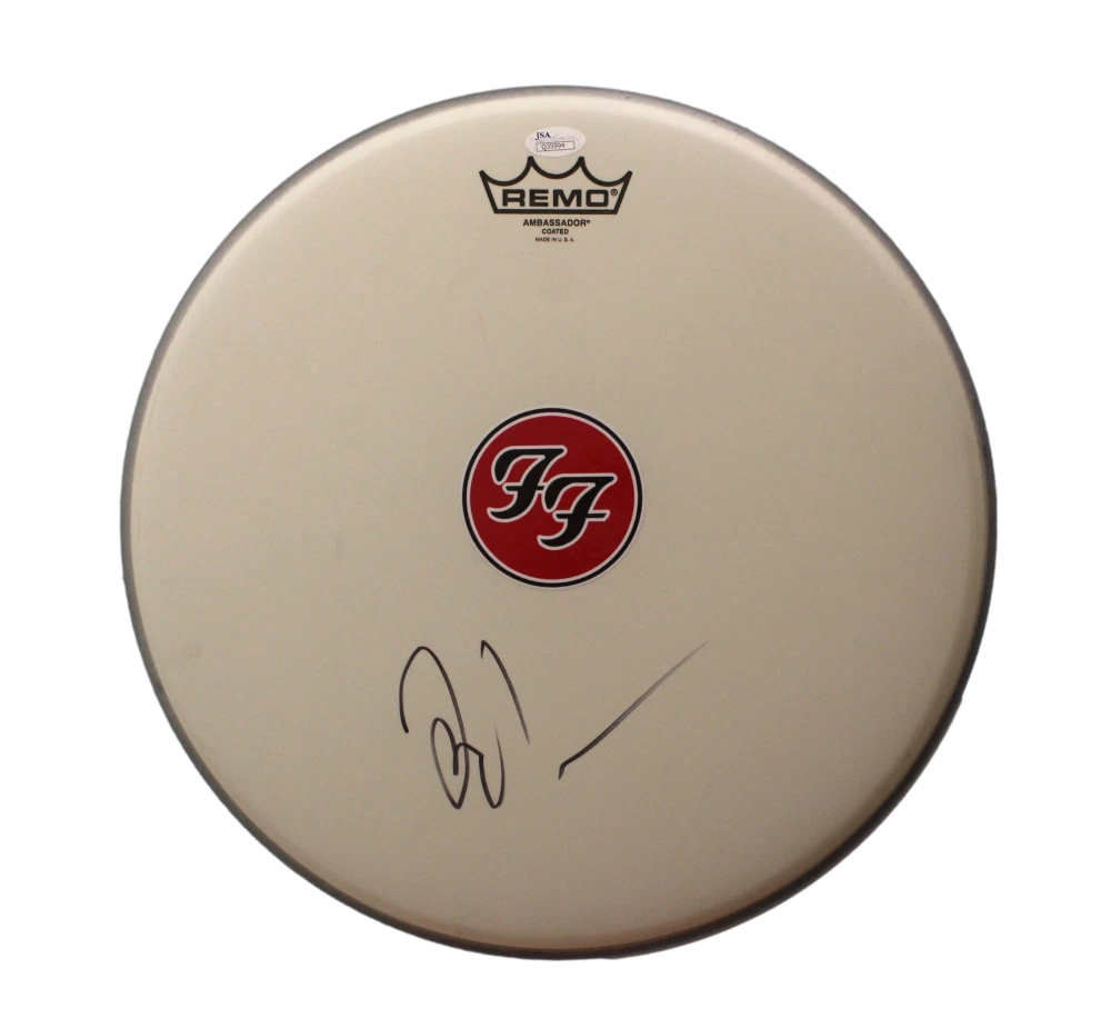 TAYLOR HAWKINS SIGNED AUTOGRAPH 14″ LOGO DRUMHEAD – FOO FIGHTERS LEGEND W/ JSA COLLECTIBLE MEMORABILIA
