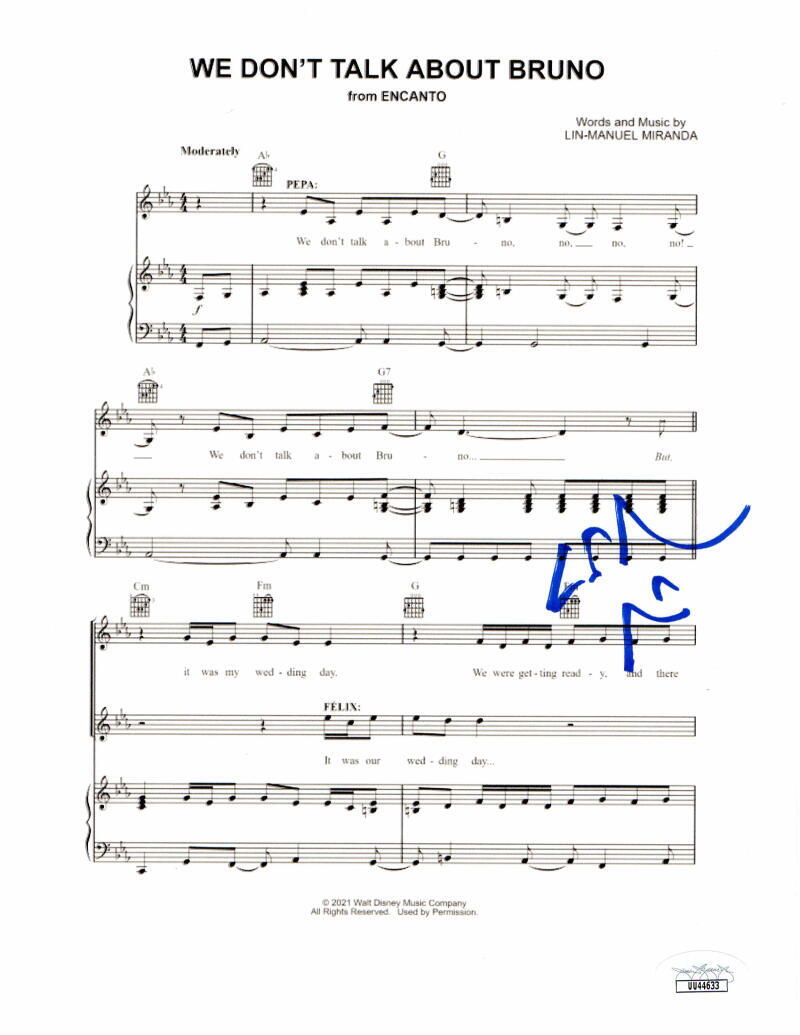 LIN MANUEL MIRANDA SIGNED AUTOGRAPH WE DONT TALK ABOUT BRUNO SHEET MUSIC JSA COA