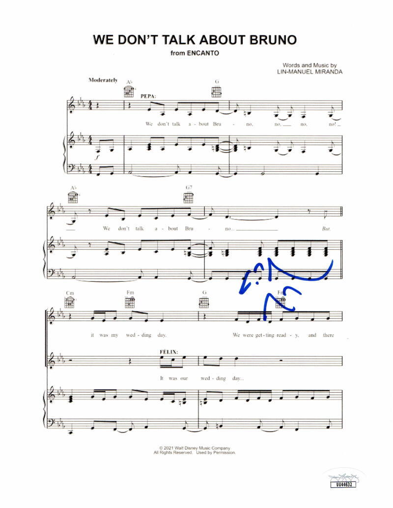 LIN MANUEL MIRANDA SIGNED AUTOGRAPH ENCANTO BRUNO SHEET MUSIC HAMILTON JSA COA