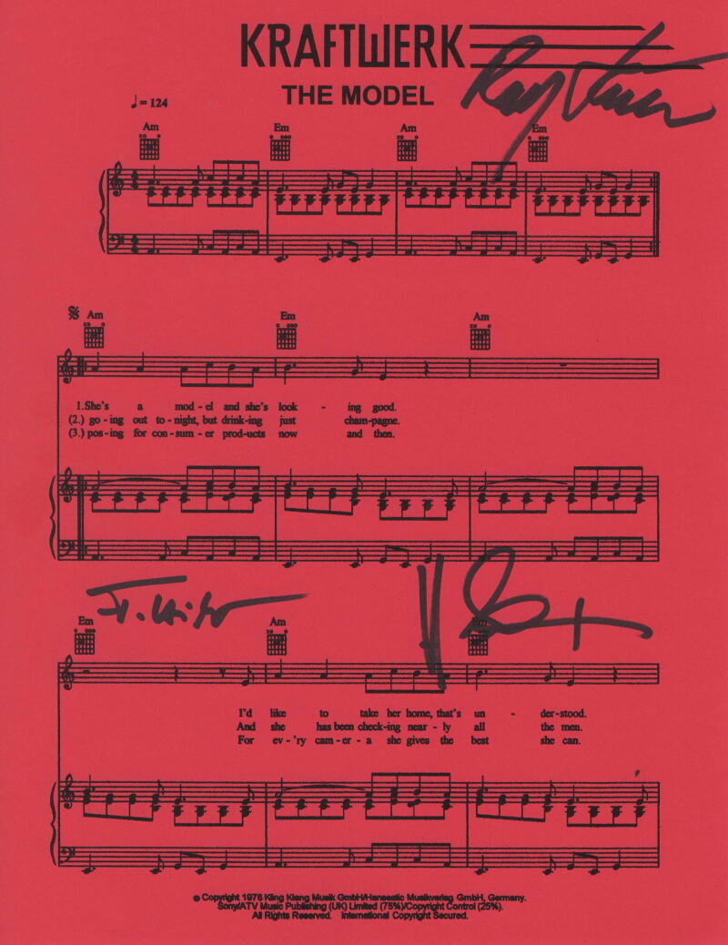 KRAFTWERK SIGNED AUTOGRAPH MODEL SHEET MUSIC - RALF HUTTER FRITZ HILPERT +1 JSA