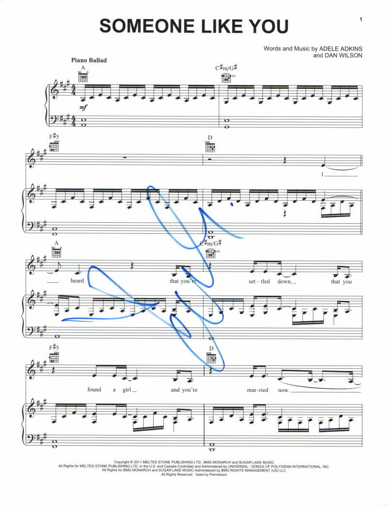 ADELE ADKINS SIGNED AUTOGRAPH SOMEONE LIKE YOU SHEET MUSIC – RARE! 19 21 JSA COA COLLECTIBLE MEMORABILIA