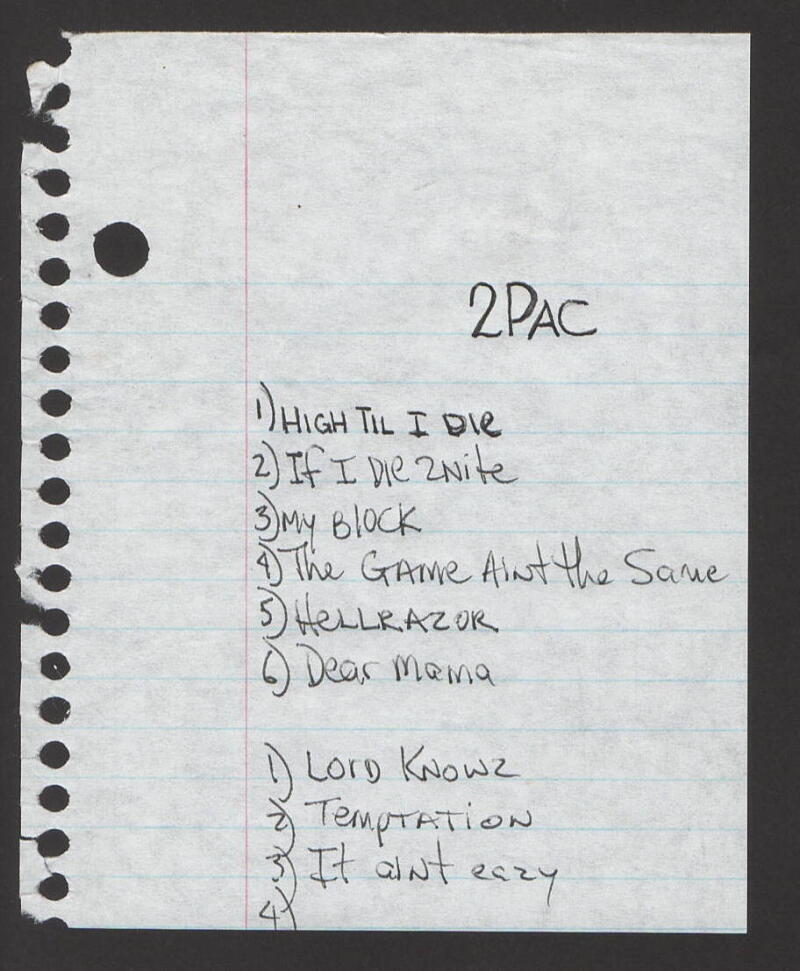 TUPAC SHAKUR 2PAC SIGNED AUTOGRAPH HANDWRITTEN SET LIST - ALL EYEZ ON ME JSA COA