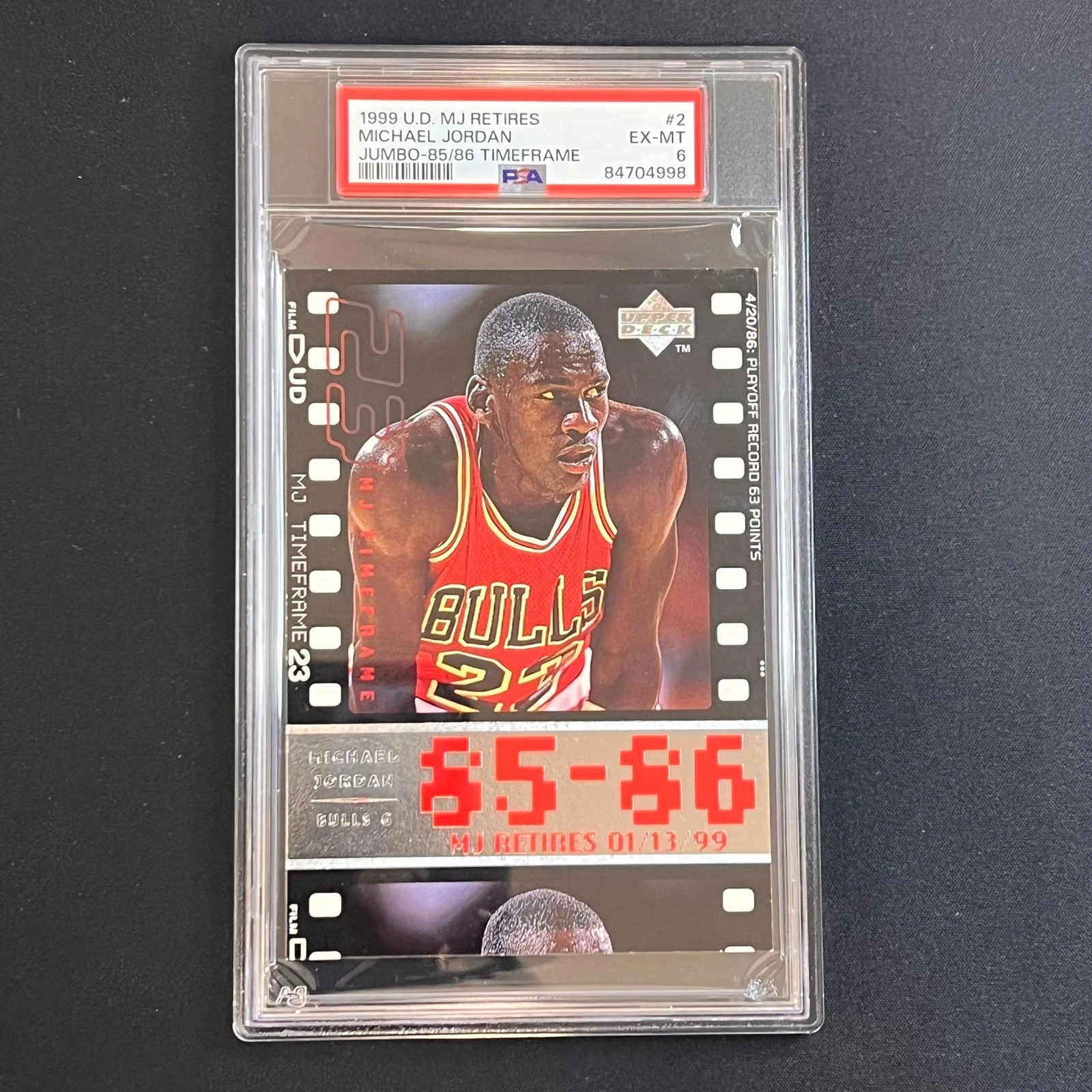 1999 Upper Deck MJ Retires Jumbo-85/86 Timeframe #2 Michael Jordan PSA EX MT 6 B