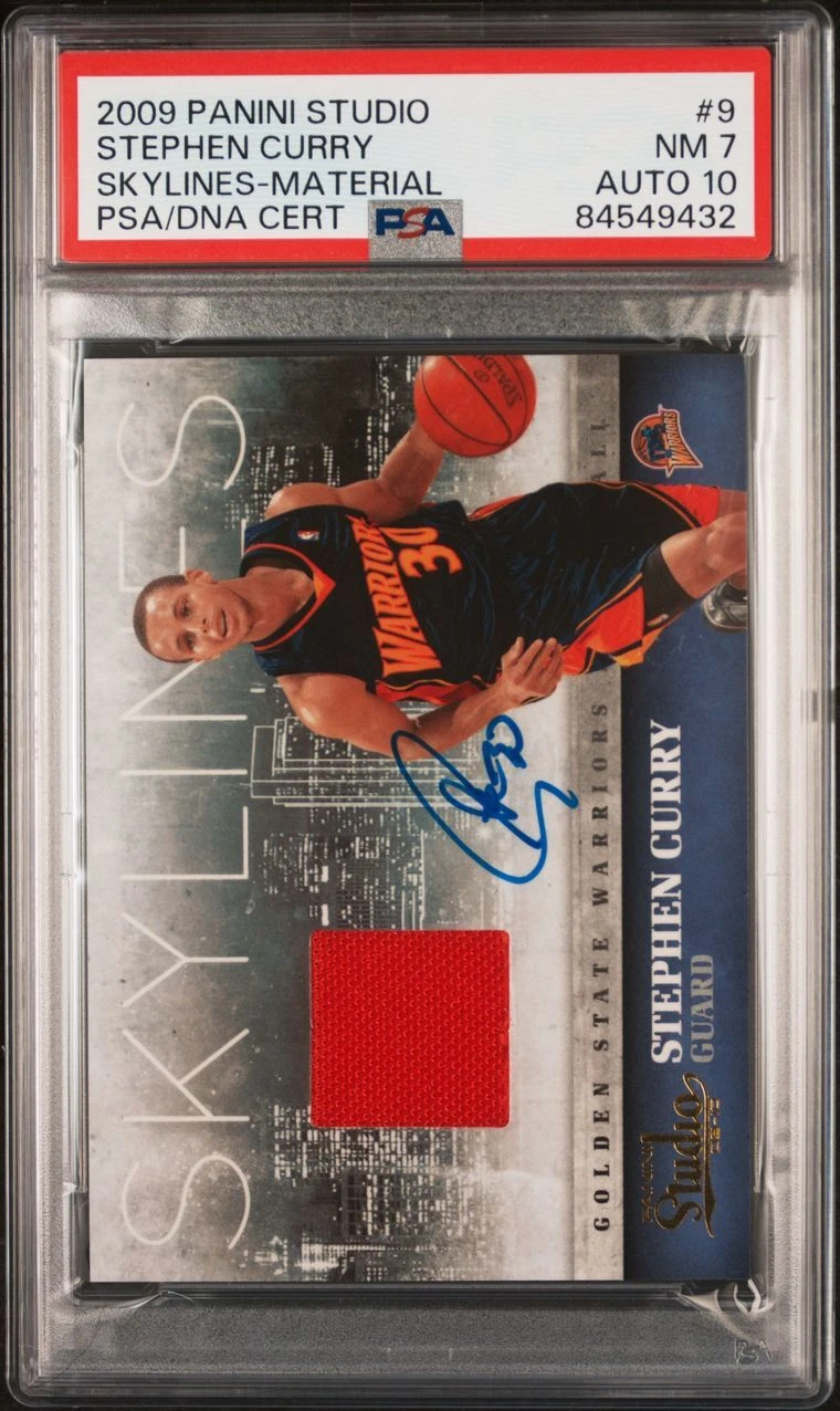 2009 Panini Studio Skylines Material #9 Stephen Curry Signed PSA NM 7 AUTO 10 PS