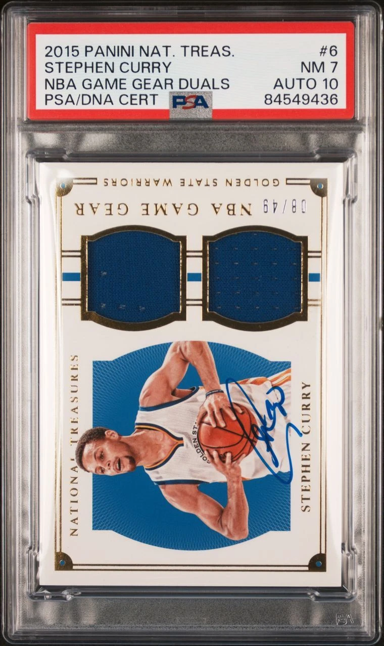 2015 Panini National Treasures NBA Game Gear Duals #6 Stephen Curry Signed PSA N