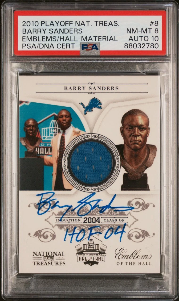 2010 Playoff National Treasures Emblems/Hall-Material #8 Barry Sanders Signed PS