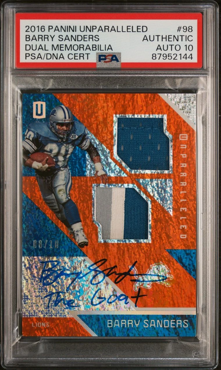 2016 Panini Unparalleled Dual Memorabilia #98 Barry Sanders Signed PSA Authentic