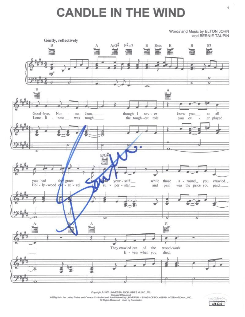 Bernie Taupin Signed Autograph Candle in the Wind Sheet Music Elton John JSA COA