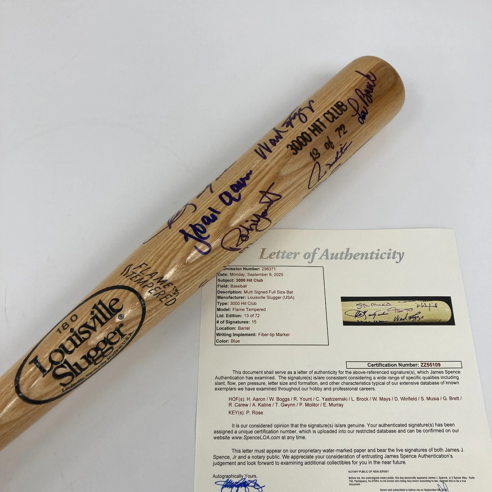 Beautiful 3,000 Hit Club Multi Signed Baseball Bat Willie Mays Hank Aaron JSA