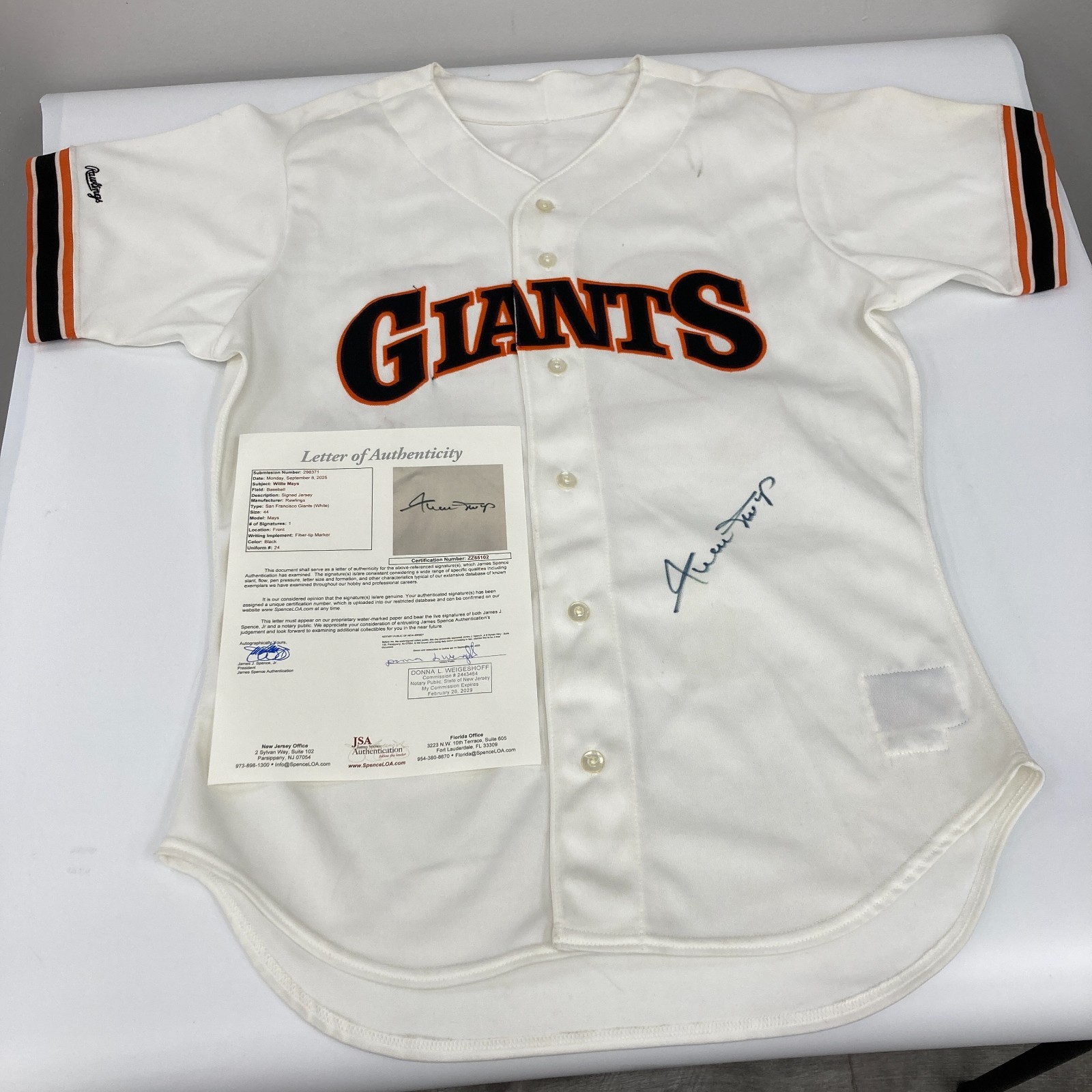 Willie Mays Signed San Francisco Giants Rawlings Game Model Jersey JSA COA
