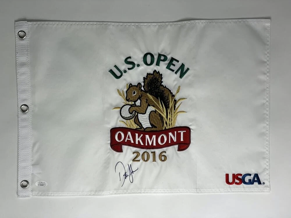 DUSTIN JOHNSON SIGNED AUTOGRAPH 2016 US OPEN PIN FLAG -2020 MASTERS CHAMPION JSA