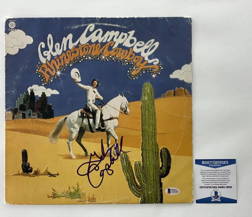 GLEN CAMPBELL SIGNED AUTOGRAPH ALBUM VINYL RECORD - RHINESTONE COWBOY RARE! BAS