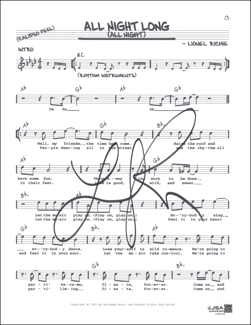 Lionel Richie Signed Autograph All Night Long Sheet Music Can't Slow Down w/ COA