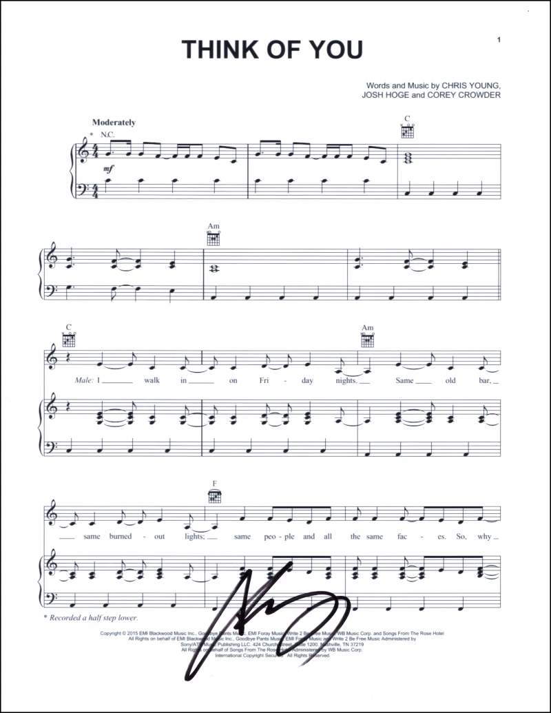 Chris Young Signed Autograph Think of You Sheet Music - Country Music Star