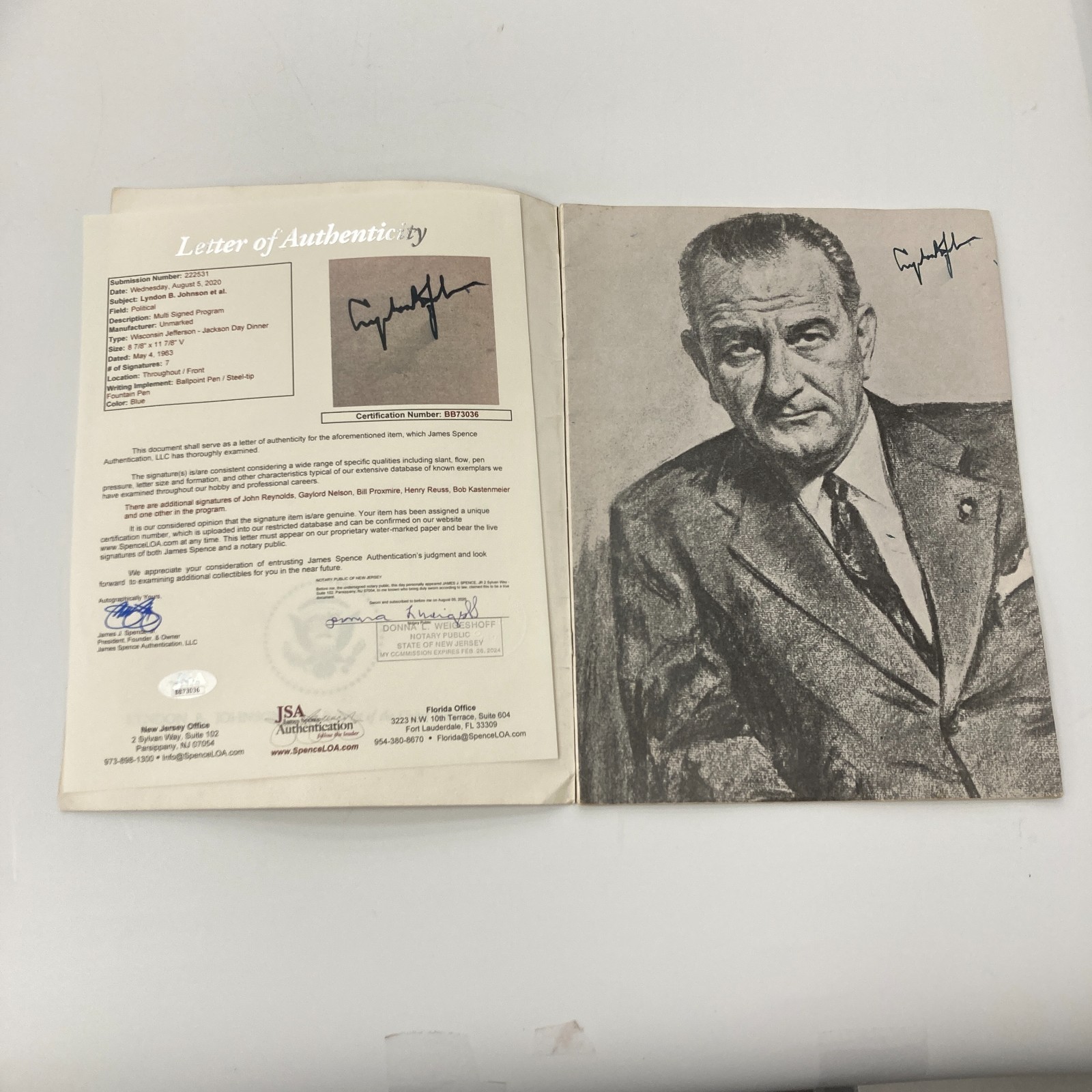 President Lyndon B. Johnson Signed 1963 Program Photo JSA COA