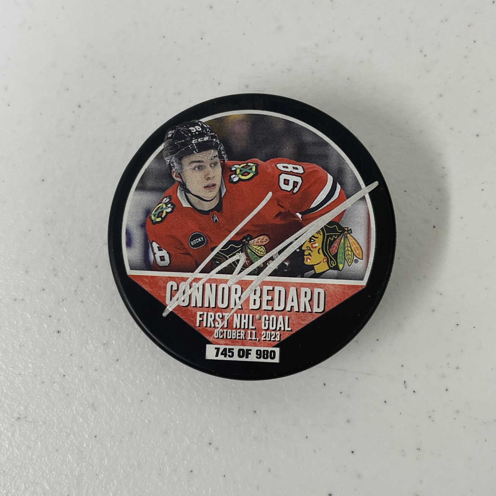 Connor Bedard Signed Commemorative Puck JSA Chicago Blackhawks First Goal