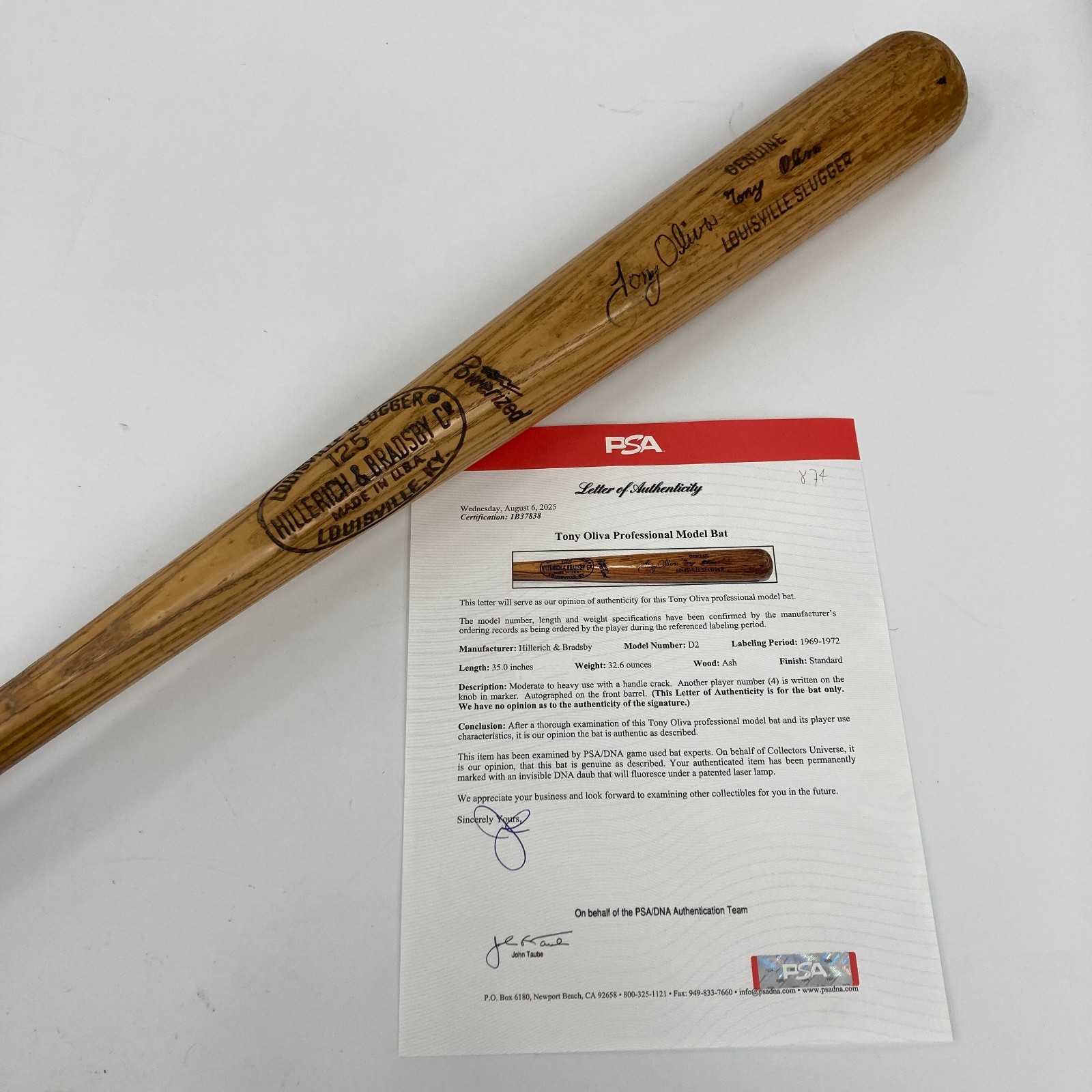 Tony Oliva Signed 1969 Louisville Slugger Game Used Baseball Bat PSA DNA COA
