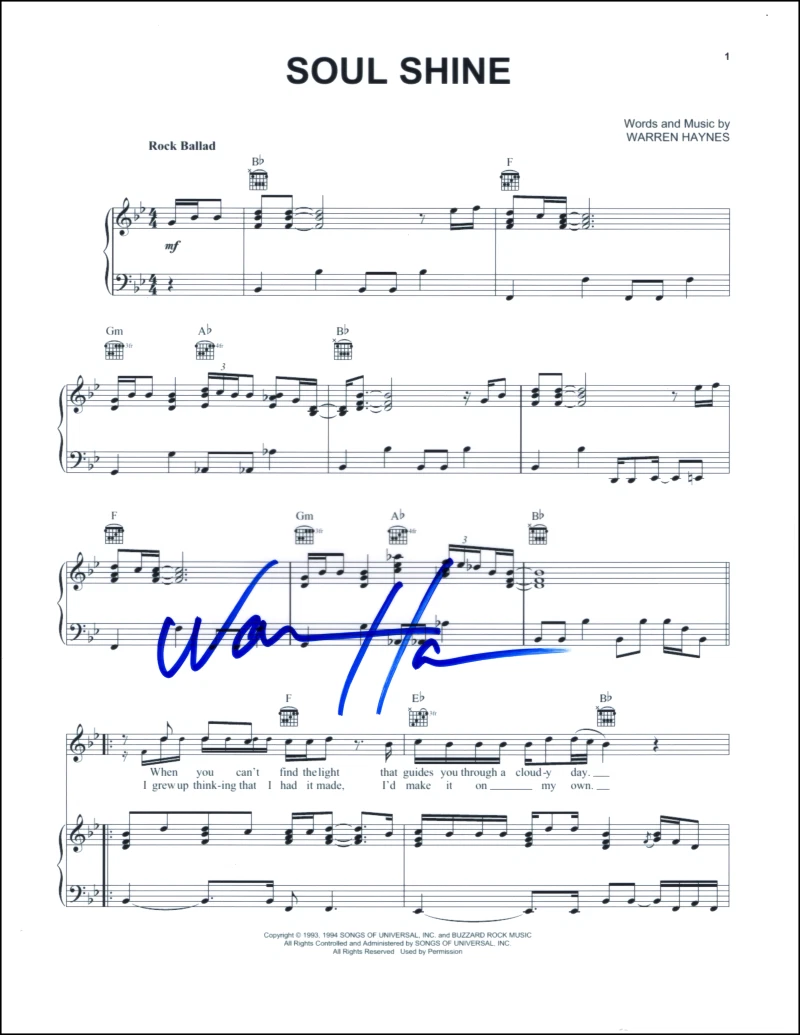 Warren Haynes The Allman Brothers Band Signed Autograph Soul Shine Sheet Music