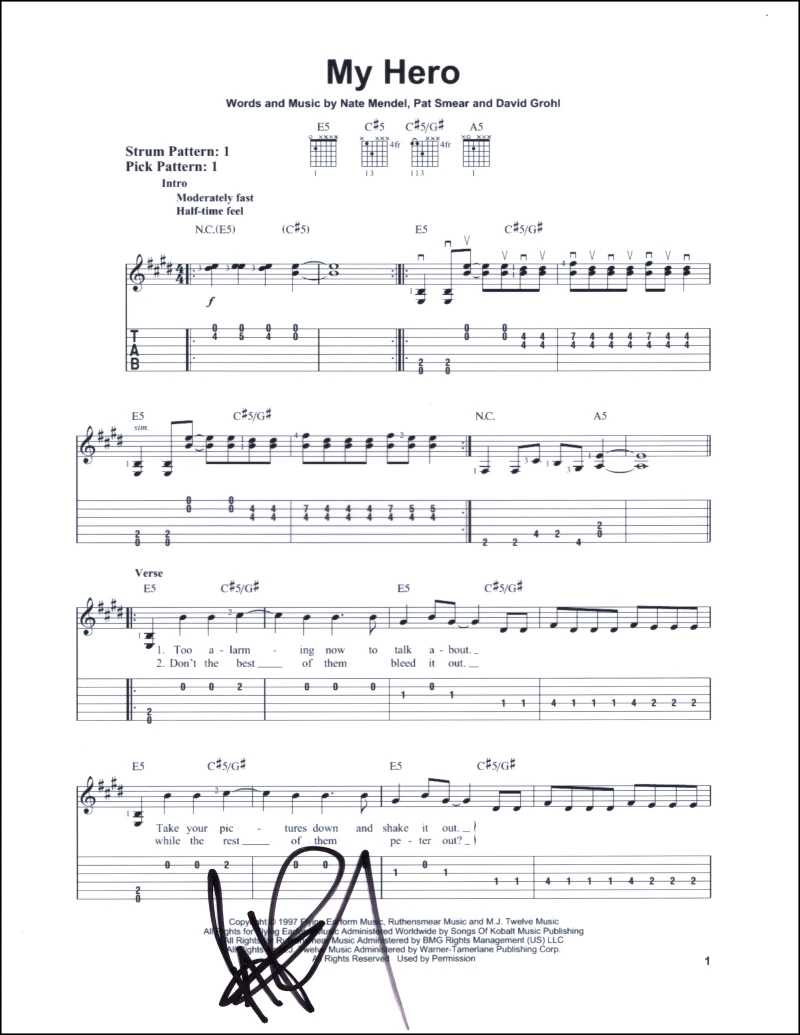 Pat Smear Foo Fighters Signed Autograph My Hero Sheet Music Colour and the Shape