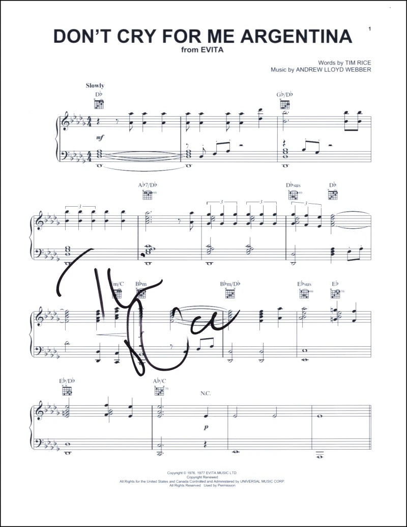Tim Rice Signed Autograph Don't Cry for Me Argentina Sheet Music from Evita