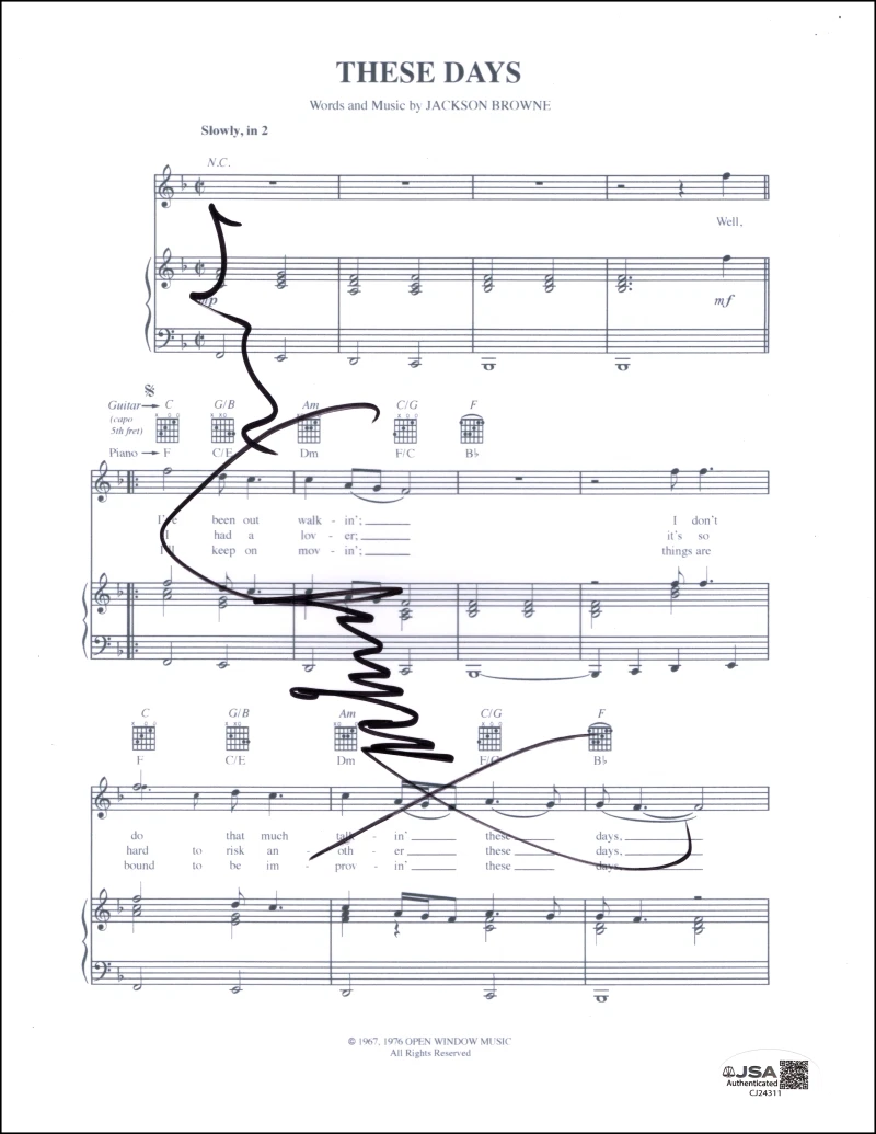 Jackson Browne Signed Autograph These Days Sheet Music - For Everyman w/ JSA COA