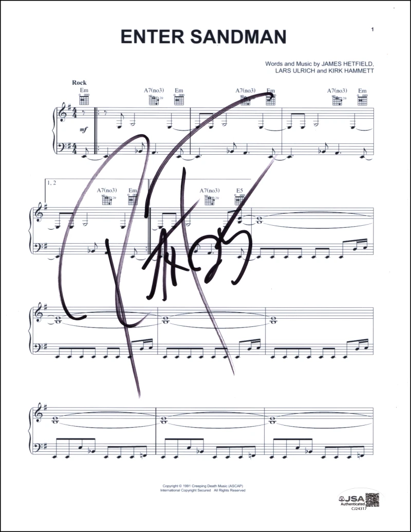 Robert Trujillo Metallica Signed Autograph Enter Sandman Sheet Music JSA COA