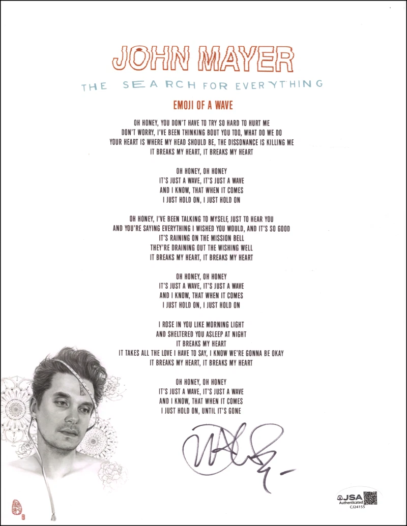 John Mayer Signed Autograph Emoji of a Wave Lyric Sheet Music w/ JSA COA