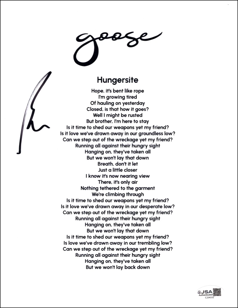 Rick Mitarotonda Goose Signed Autograph Hungersite Lyric Sheet w/ JSA COA