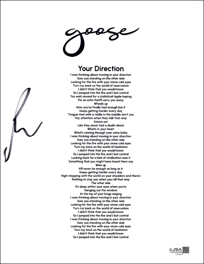 Rick Mitarotonda Goose Signed Autograph Your Direction Lyric Sheet w/ JSA COA