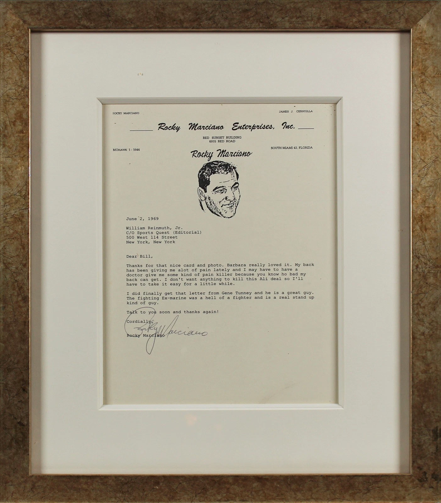 Rocky Marciano Authentic Signed & Framed 1969 Typed Letter PSA/DNA #E71356