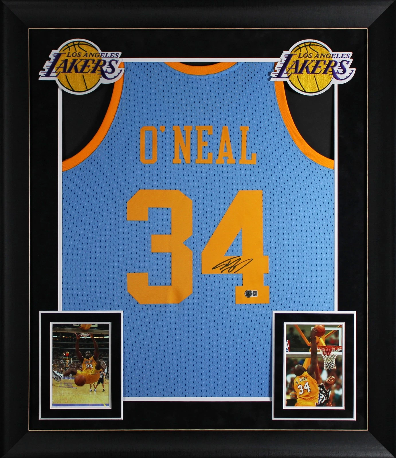 Lakers Shaquille O'Neal Signed Blue 2001-02 TB M&N HWC Framed Jersey BAS Witness