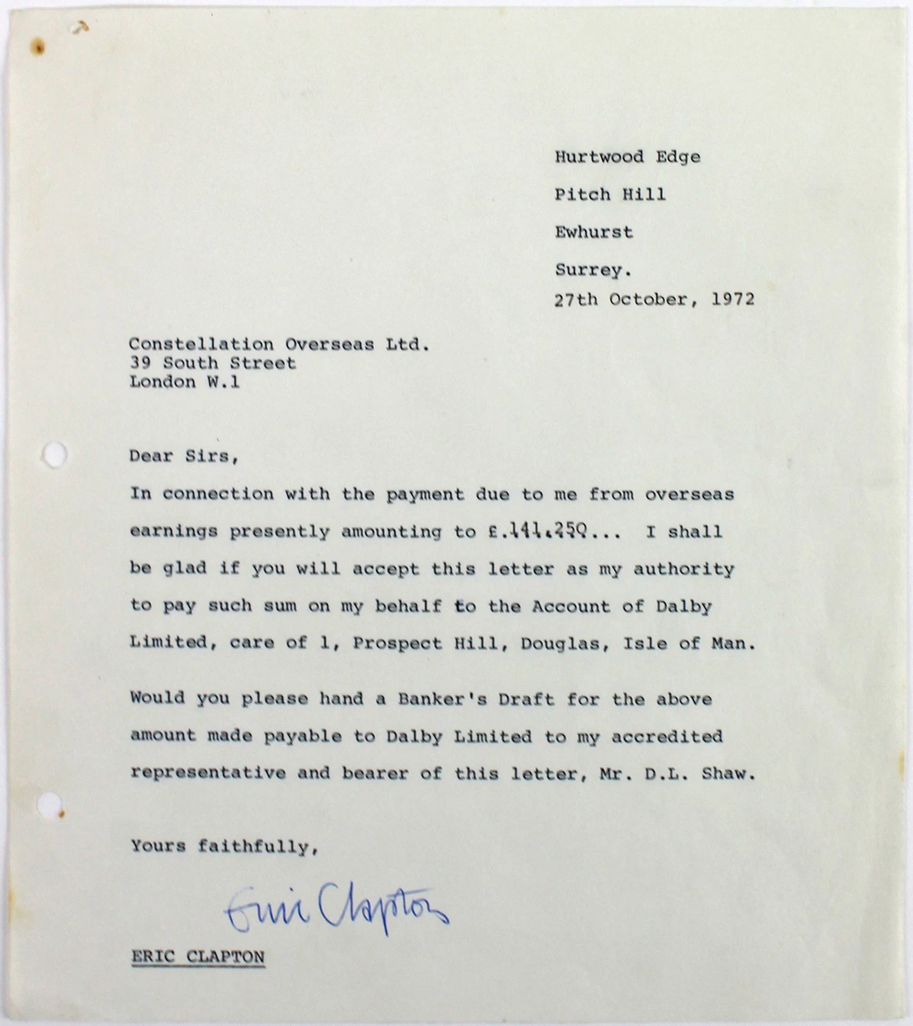 Eric Clapton Authentic Signed 8x9 Letter Dated October 27, 1972 BAS #A57044