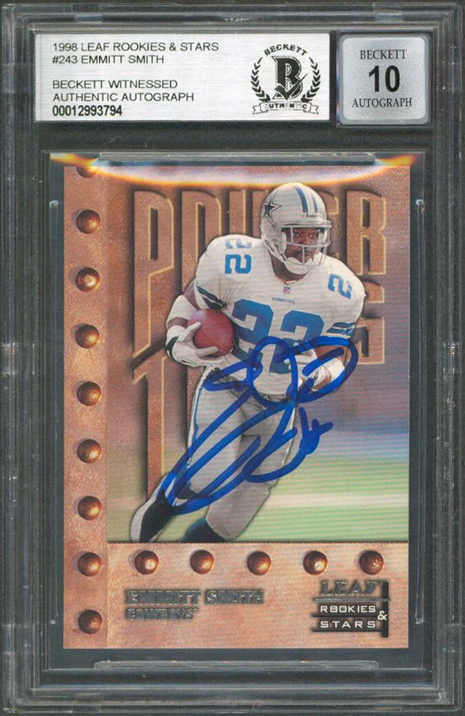 Cowboys Emmitt Smith  Signed 1998 Leaf R&S #243 Card Auto Graded 10! BAS Slabbed
