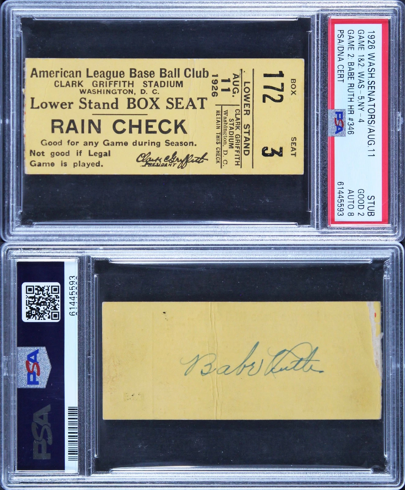 YANKEES BABE RUTH SIGNED 9/11/1926 TICKET STUB TICKET GRADE 2 AUTO 8 PSA SLABBED COLLECTIBLE MEMORABILIA